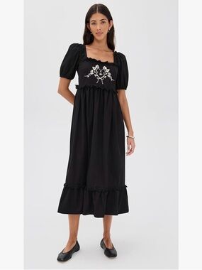 Elegant Black Embroidered Square-Neck Midi Dress